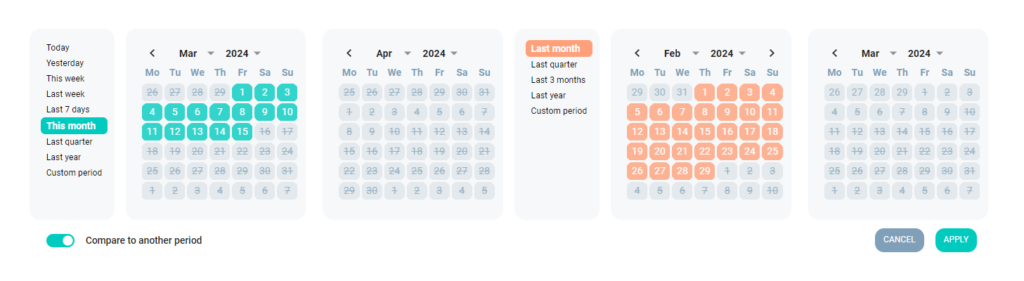 Date range picker with comparison with another period turn on option